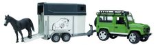 Land Rover Defender med hestetransport og hest i 1:16 skala, perfekt til hesteholdere.