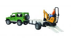 Land Rover Defender med trailer og JCB mikro gravemaskine, perfekt til byggepladser.