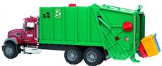 MACK Granite skraldebil i rubinrød og grøn, detaljeret model i skala 1:16.