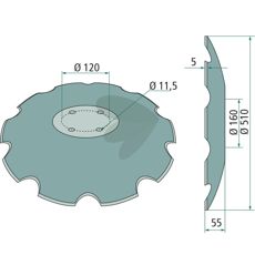 Tandet skive med dimensionerne 510x5 mm, designet til effektiv jordbearbejdning.