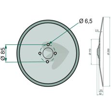 Skive med Ø 250 mm, anvendelig til forskellige landbrugsmaskiner.