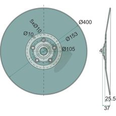 Skive med diameter 410 mm, ideel til forskellige jordbearbejdningsmaskiner.