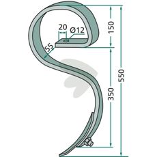 Bøjet harvetand med skær, perfekt til effektiv jordbearbejdning.