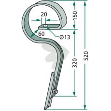 Lige kultivatorstang, komplet med skær, måler 45x12/520.