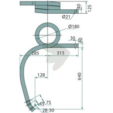 Højre tung kultivatorpind, vriddet 640mm, med 13mm hul for stabilitet.