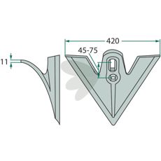 Sænksmedet gåsefodsskær, 420 mm, passer til forskellige landbrugsmaskiner.