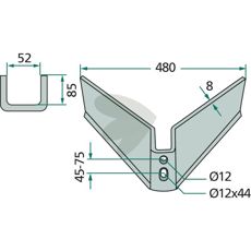 Effektivt fløjskær med 480 mm arbejdsbredde og 15° vinkel til alsidigt brug.