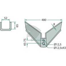 Fløjskær med 480 mm bredde og 25° vinkel, designet til optimal skæring.