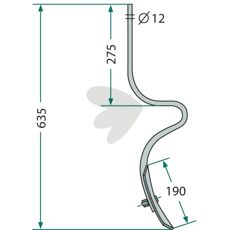 Løs pind med skær 32x10mm, 635mm lang, ideel til landbrugsanvendelser.