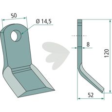 Y-klinge fra Bagodi med huledimension 14,5 mm, passer til mange landbrugsmaskiner.
