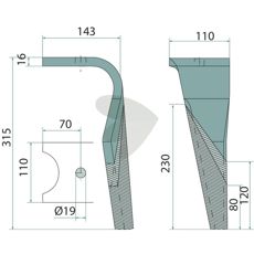 Højre rotorharvetand K2500100, optimeret til bedste arbejdsresultat.