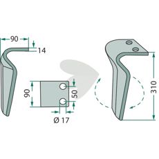 Vigolo rotorharvetand 90x310mm med 17mm hul.