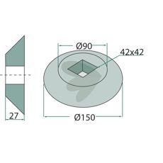 Flange til firkantaksel 40x40 mm, ind- og udvendig, diameter 150x90 mm.