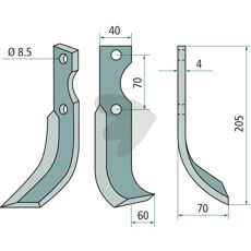 Højre jordfræserkniv til Honda med 70mm c-c og 8,5mm hul, ideel til jordbearbejdning.