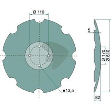 Tandet tallerken 610x5mm med 4 fastgørelseshuller til effektiv jordbearbejdning.