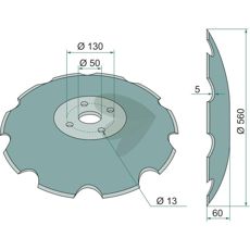 Tallerken tandet 560x5mm med 4 fastgørelseshuller, til hårdt arbejde på marken.