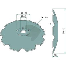 Tallerken tandet 610x6mm med 6 fastgørelseshuller, perfekt til store landområder.