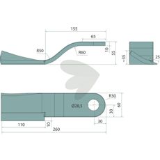 Højre slagkniv 60x260x10 mm, perfekt til maskiner og effektiv skæring.