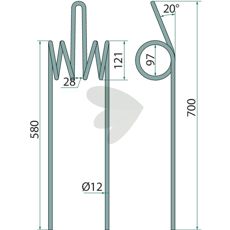 Dobbelt efterslæbe tand 12x660 mm til effektiv og robust brug.