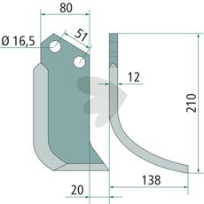 Jordfræserkniv til Howard og Kongskilde, c-c 51mm, hul 16,5mm.