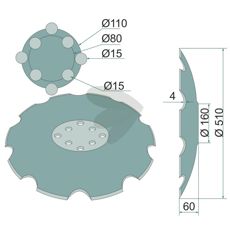 Tandret tallerken Ø510 mm til Agrisem 8 fastgørelsespunkter, ideel til jordbearbejdning.