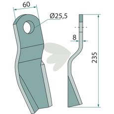 Slagkniv Agricom og Agrimaster med hul 25,5 mm, ideel til landbrugsapplikationer.
