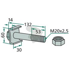 Skrue med møtrik 3000313, nødvendig for montering af de fleste landbrugsmaskiner.