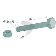 Skrue med møtrik M12 x 1,75 x 80 mm, 10.9, perfekt til landbrugsmaskiner.