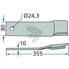 Venstre slagkniv 80X355mm til Humus, minibøsning med hul 24,3 mm.