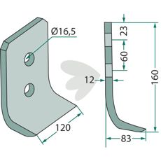 Fræsekniv fra Mulag med 60 mm c-c afstand og 16,5 mm hul til jordbearbejdning.