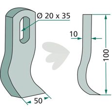 Mulag og Herder slagkniv med hul på 20X35 mm, effektiv til jordbearbejdning.