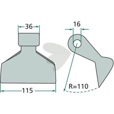 Hammerhakke 36/115mm med 16mm hul, ideel til præcisionsarbejde i landbrug og konstruktion.