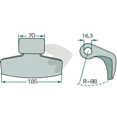 Hammerslag 70/185mm med 16,5mm hul, konstrueret til alsidige opgaver i landbrugs- og byggeindustrien.