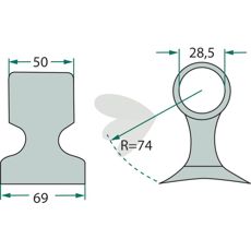 Hammerslag på 50/69mm med hul 28,5mm, vare A-2762 til specialanvendelse.