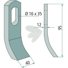 Slagkniv fra Turner og Noremat med hul på 16X35 mm, perfekt til landbrugsmaskiner.