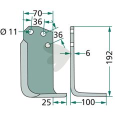 Fræsekniv til Agria, c-c 36mm, hul 11mm, uanset retning for optimal anvendelse.