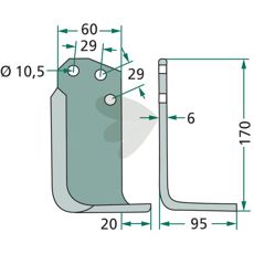 Fræsekniv Agria for c-c 29mm med hul på 10,5mm, perfekt til jordbearbejdning.