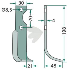 Jordfræserkniv Agria c-c, 70mm med 8,5mm hul til smidig og effektiv jordbearbejdning.