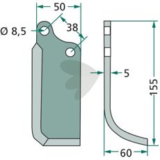 Fræserkniv til Tielbürger og Agria med 38mm c-c og 8,5mm hul.