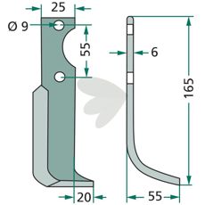 Fræserkniv til Sauerburger med 55mm c-c og 9mm hul.