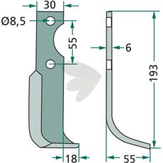 Fræserkniv til Ferrari og B.C.S. med 8,5mm hul, c-c 55mm.
