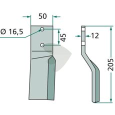 Højre rotorkniv 205mm, afgørende for at optimere jordbearbejdningen.