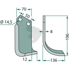 Jordfræserkniv Celli med 50mm bredde og 14,5mm hul, ideel for jordbearbejdning.