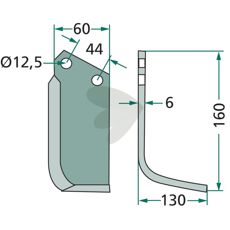 Jordfræserkniv for Agritalia og Carraro med 44mm c-c og 12,5mm hul, fremragende til jordbearbejdning.