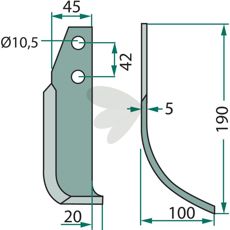 Goldoni jordfræserkniv, beregnet til effektiv jordbearbejdning med 42mm c-c afstand og 10,5mm hul.