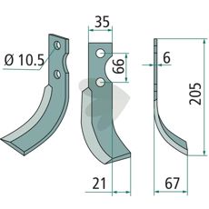Jordfræserkniv Grillo (Pinza) med c-c 66mm og hul om 10,5mm, ideel for jordbearbejdning.