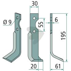 Jordfræserkniv Grillo (Pinza) med c-c 55mm og 9mm hul, godt for effektiv jordbearbejdning.