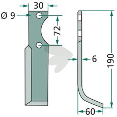 Hako jordfræserkniv c-c 72mm med 9mm hul, optimeret til effektiv jordbearbejdning.