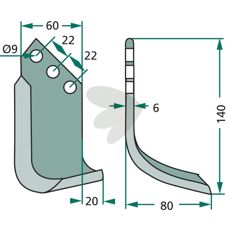 Holder jordfræserkniv c-c 22mm og 9mm hul, perfekt til præcis jordbearbejdning.