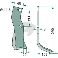 Jordfræserklinge fra Howard/Kongskilde med c-c 114mm og hul 11,5mm, ideel til jordbearbejdning.